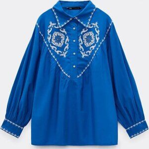 Zara Blue Embroidered Western Blouse Size XS